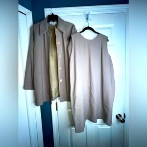 Vtg Ran Designs Women’s Medium Tan Suit Dress Set Long Blazer Jacket Wool M flaw
